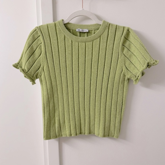 ZARA Ribbed Chenille Crop Top - Light Green - Picture 6 of 6